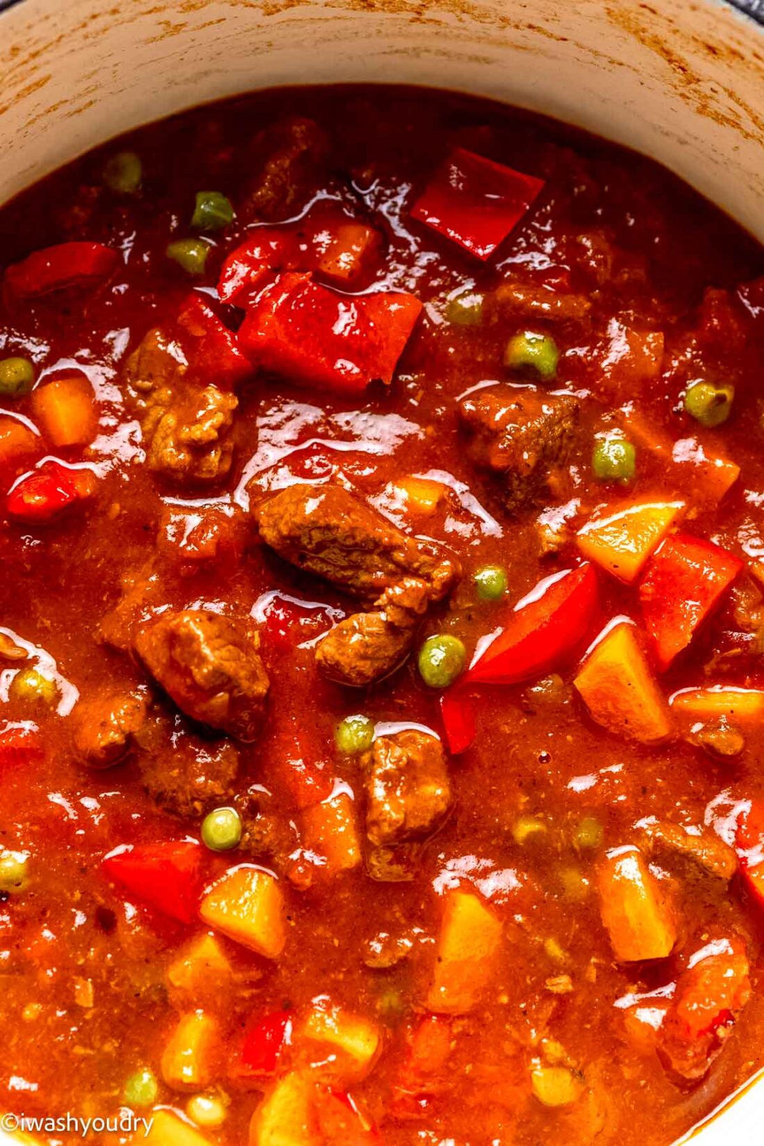 Cooked curry beef stew in metal pot. 