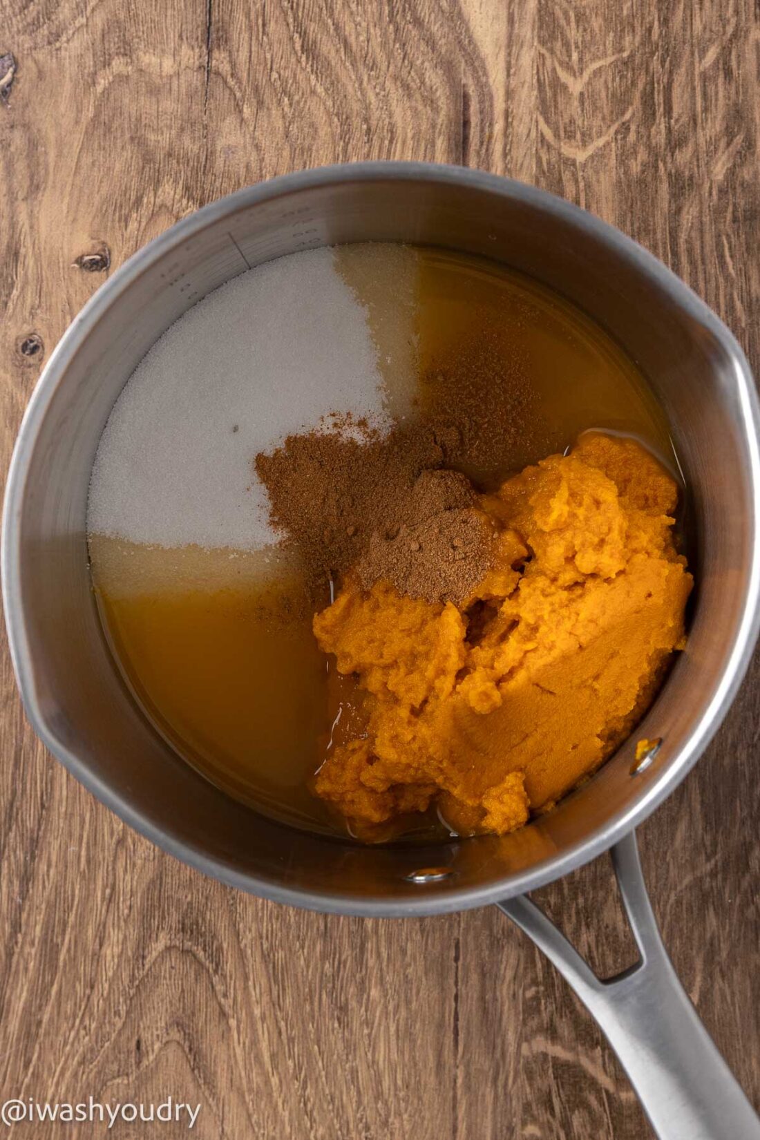 Ingredients: pumpkin puree, sugar, apple cider and pumpkin pie spice in saucepan. 