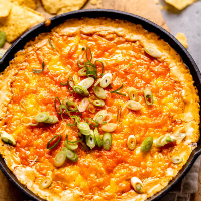 Metal pan of Baked Buffalo chicken dip.