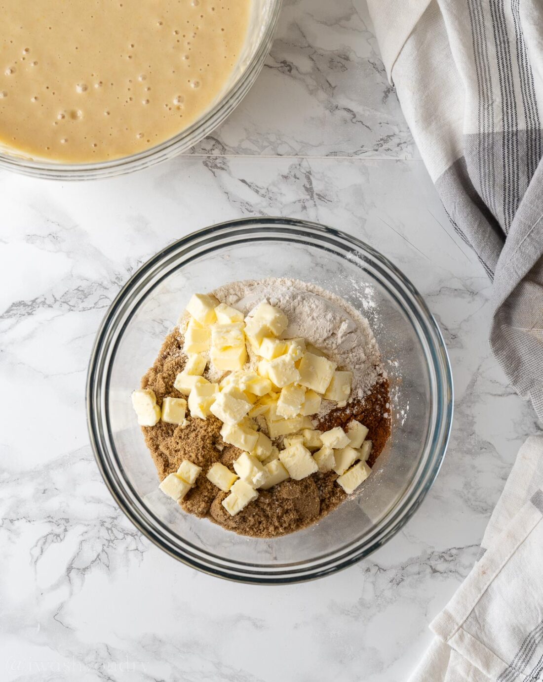 Ingredients for brown sugar topping in glass bowl. 