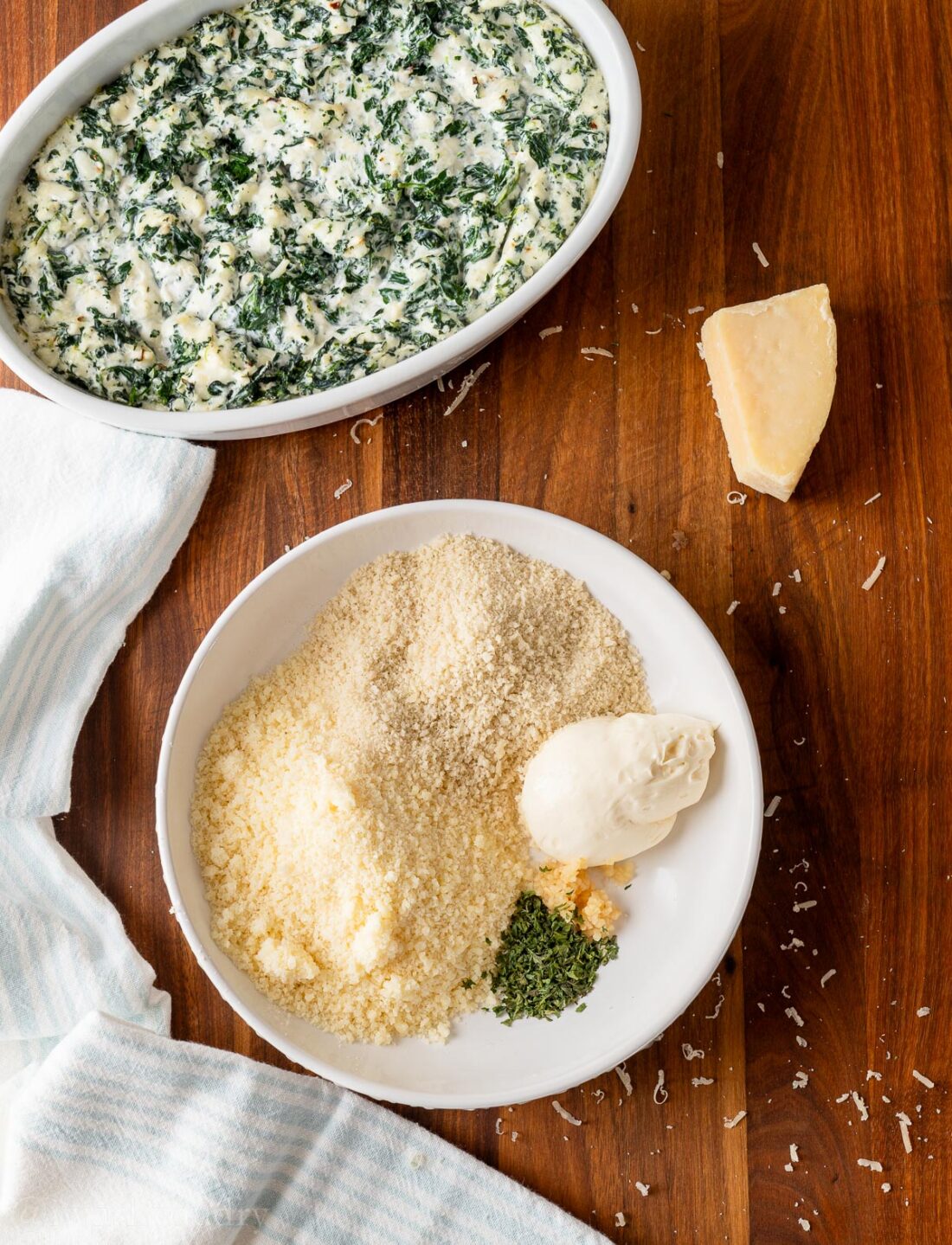 parmesan crusted topping in small white dish with panko bread crumbs and mayo.