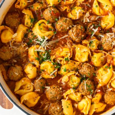 Pot of cooked tortellini meatballs soup.