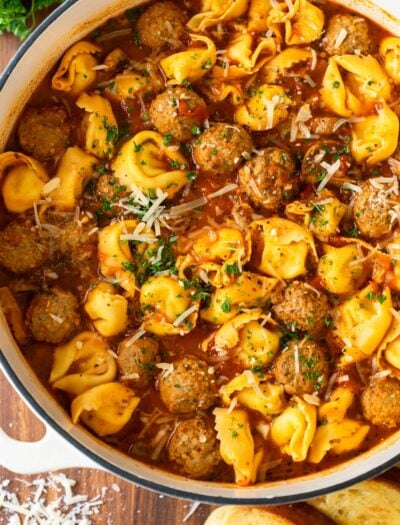 Pot of cooked tortellini meatballs soup.