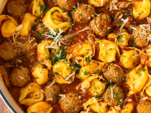 Pot of cooked tortellini meatballs soup.