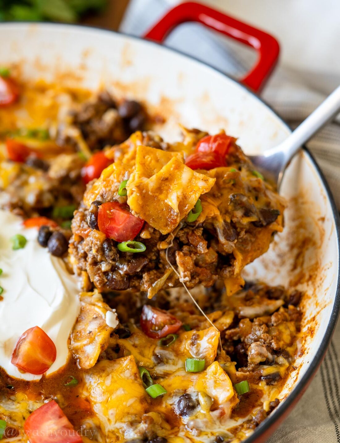 spoonful of beef enchilada casserole.